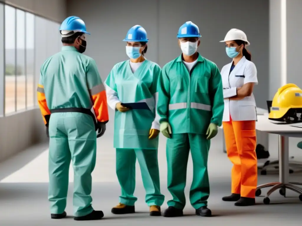 Un equipo diverso con equipo de protección en entornos laborales, resaltando certificaciones salud ocupacional en Uruguay