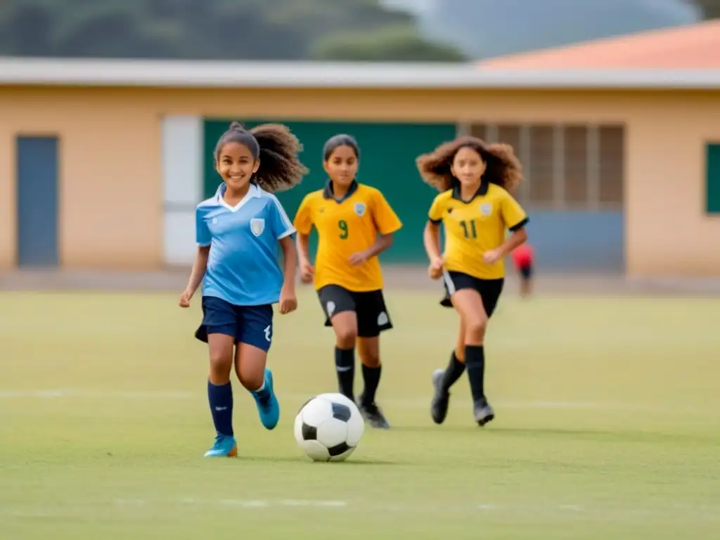 Equipo diverso de estudiantes jugando fútbol juntos en una escuela uruguaya, promoviendo igualdad de género en deportes y educación