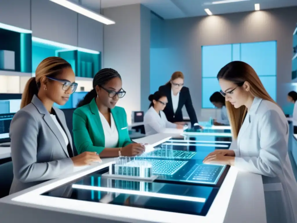 Equipo diverso de mujeres en STEM colaborando en laboratorio moderno