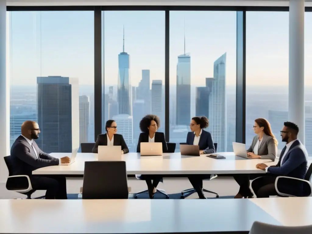 Un equipo diverso colabora en una oficina moderna con vista a la ciudad