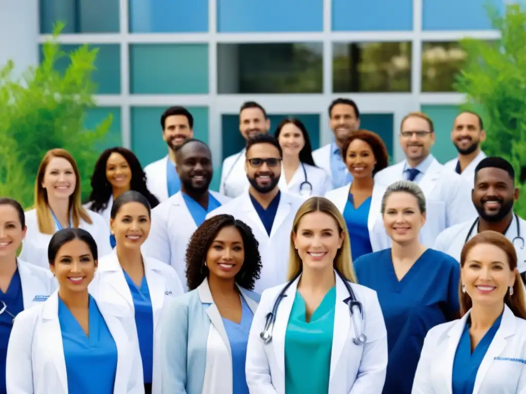 Un equipo diverso de profesionales de la salud en Uruguay frente a un hospital moderno, proyectando expertise y trabajo en equipo