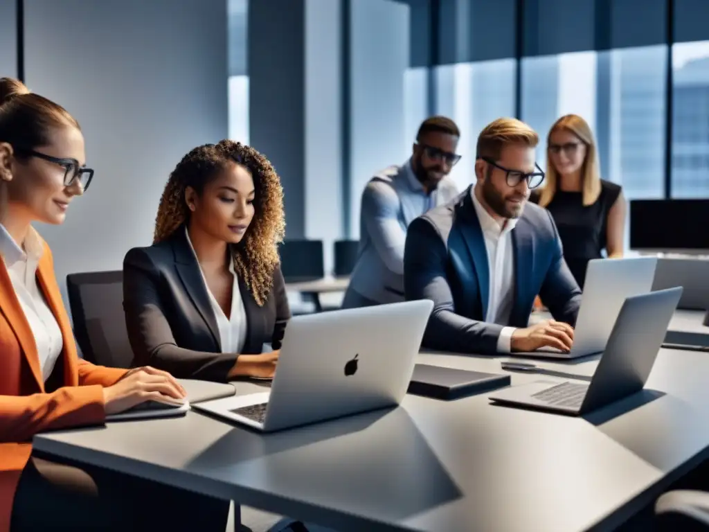 Un equipo diverso colabora en laptops y tablets en oficina moderna, destacando la metodología ágil en desarrollo de software educativo