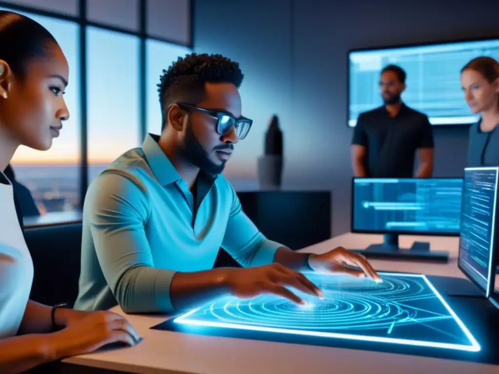 Un equipo multicultural de desarrolladores de software colaborando en un espacio de oficina futurista, con tecnología avanzada y vista urbana
