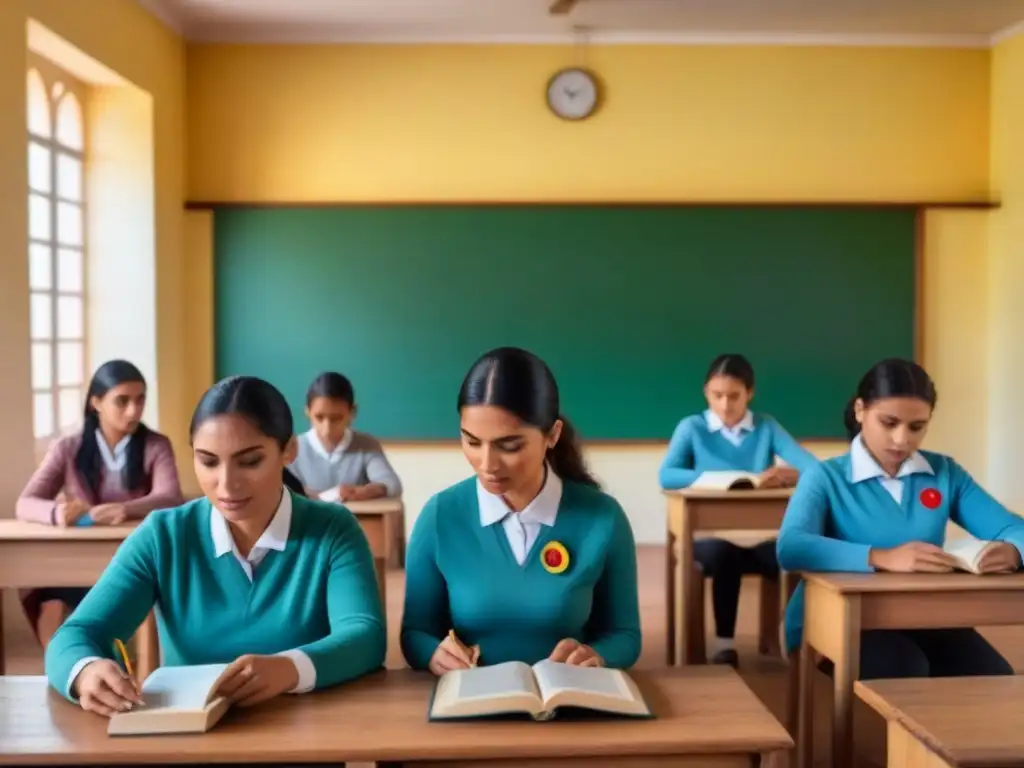 Escena armoniosa de aula bilingüe en Uruguay, adaptación materiales didácticos, diversidad cultural y compromiso educativo