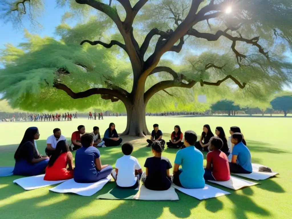 Una escena armoniosa de diversidad en proyectos educativos transformando comunidades en Uruguay, con estudiantes colaborando bajo un árbol