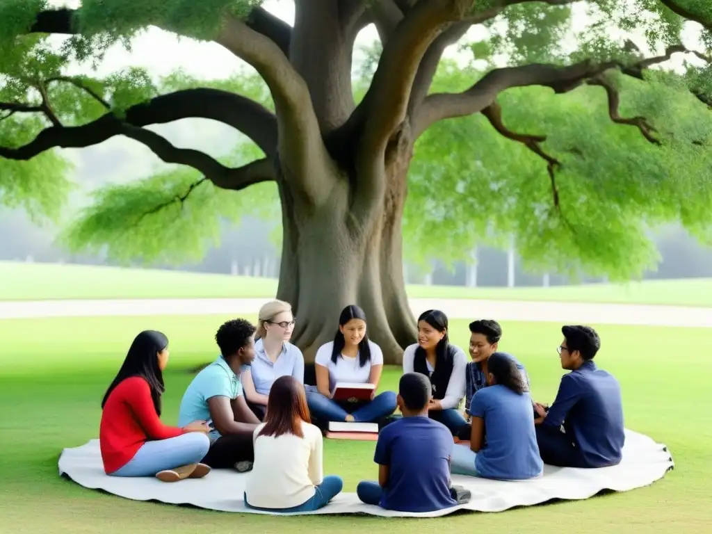 Una escena armoniosa de integración de redes sociales en la educación en Uruguay, con estudiantes diversos debatiendo al aire libre bajo un árbol