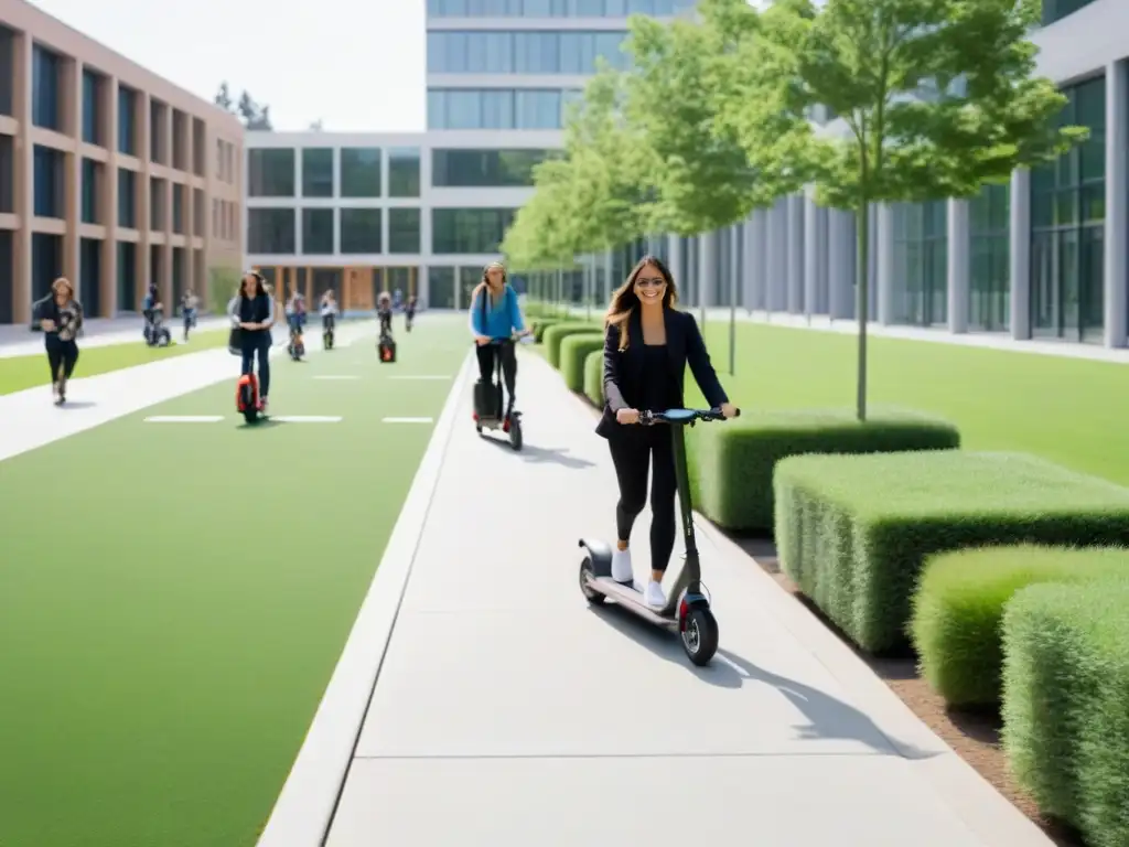 Escena armoniosa de transporte verde en comunidades educativas, con estudiantes en bicicletas, caminando y usando scooters eléctricos