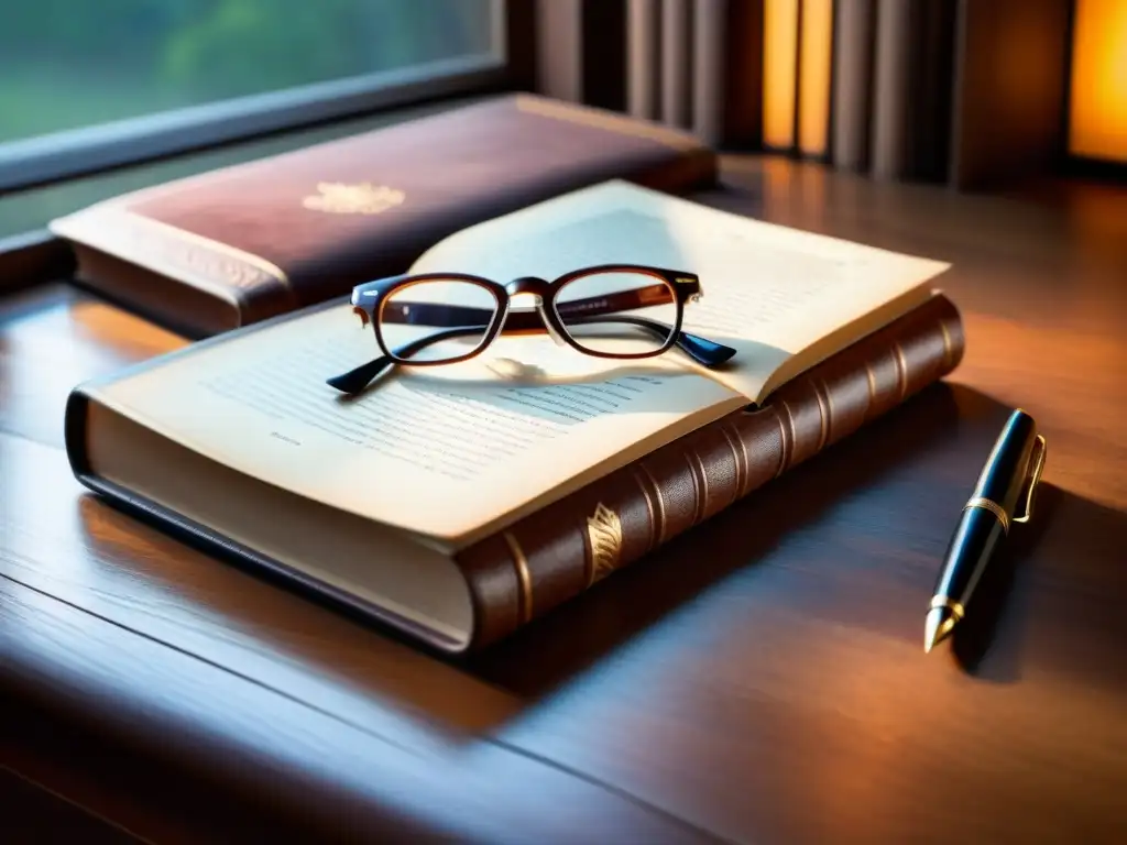 Una escena atemporal y académica: un antiguo escritorio de madera con un libro de cuero, pluma y gafas redondas