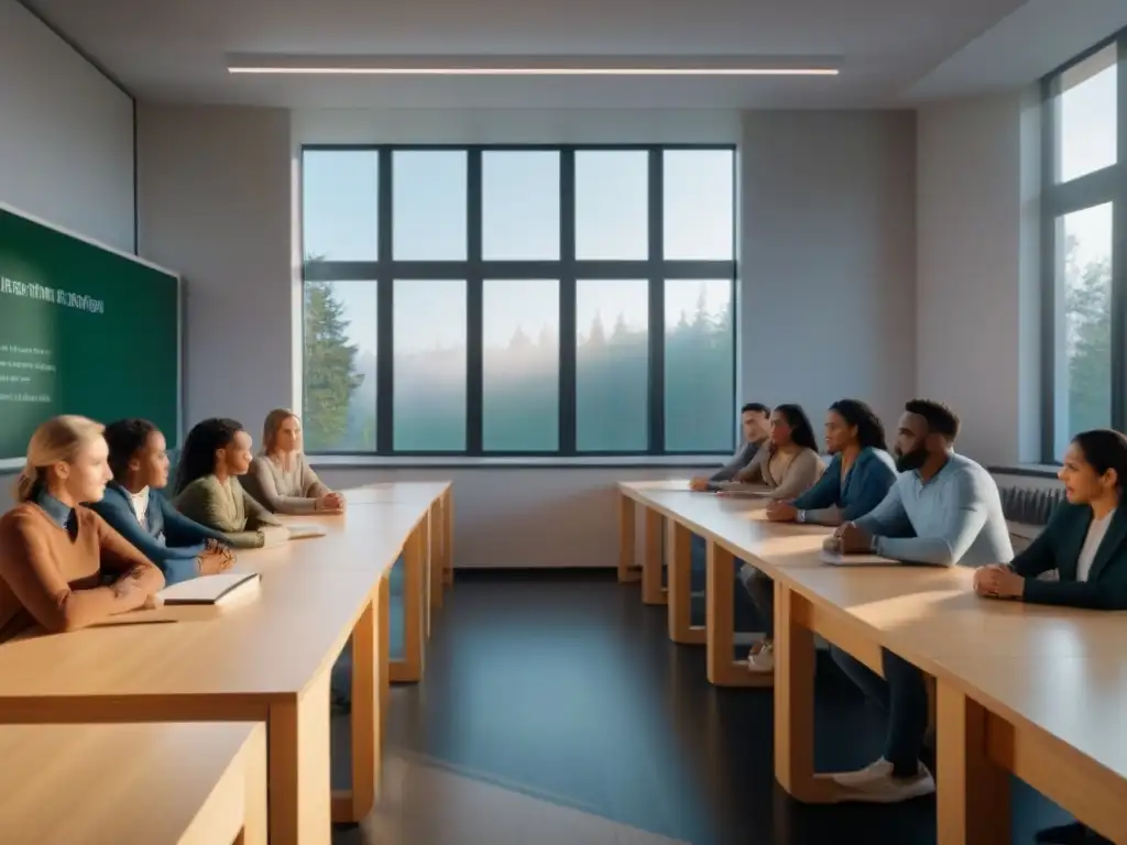 Una escena de aula armoniosa y diversa, donde estudiantes dialogan en paz sobre inclusión de género en educación