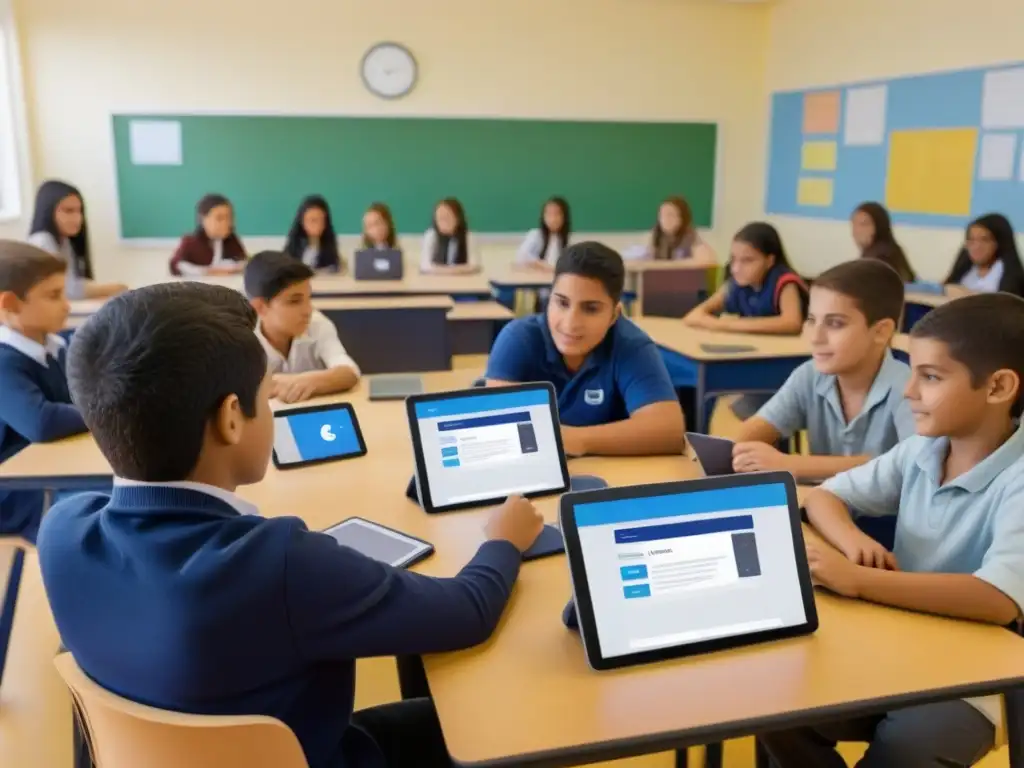 Una escena colaborativa en un aula uruguaya: estudiantes de diferentes edades y orígenes interactúan en dispositivos digitales mediante Edmodo