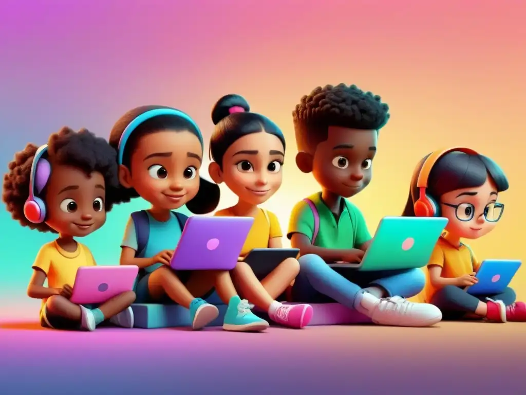 Aprende y programa: Diversión educativa con personajes coloridos en 8k Una escena colorida de niños uruguayos aprendiendo y programando en plataformas educativas digitales, en un diseño minimalista y moderno