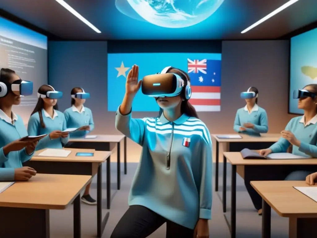 Escena educativa futurista en Realidad Virtual con estudiantes inmersos en actividades de aprendizaje, bandera de Uruguay al fondo