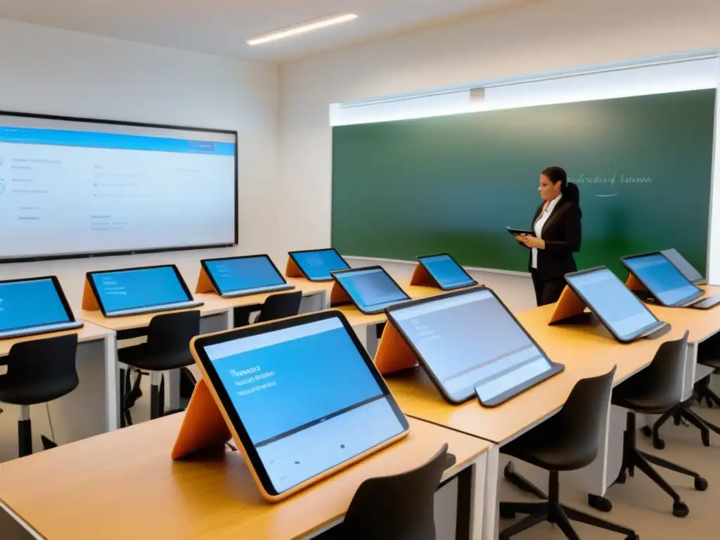 Escena de enseñanza híbrida Flipped Classroom en Uruguay, mezclando tecnología y tradición educativa en un aula minimalista