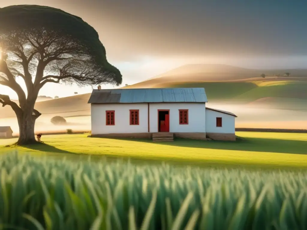 Escena de enseñanza innovadora en educación rural Uruguay, con escuela tradicional y actividades al aire libre