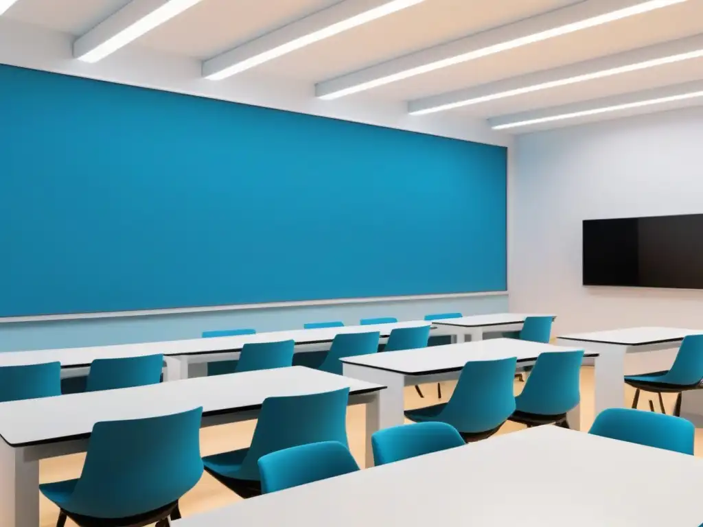 Escena futurista de aula en Uruguay con AdTech, estudiantes colaborativos y tecnología educativa en azules y blancos