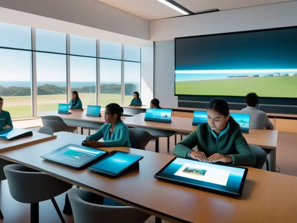 Escena futurista de aula en Uruguay con digitalización educativa y estudiantes inmersos en aprendizaje virtual