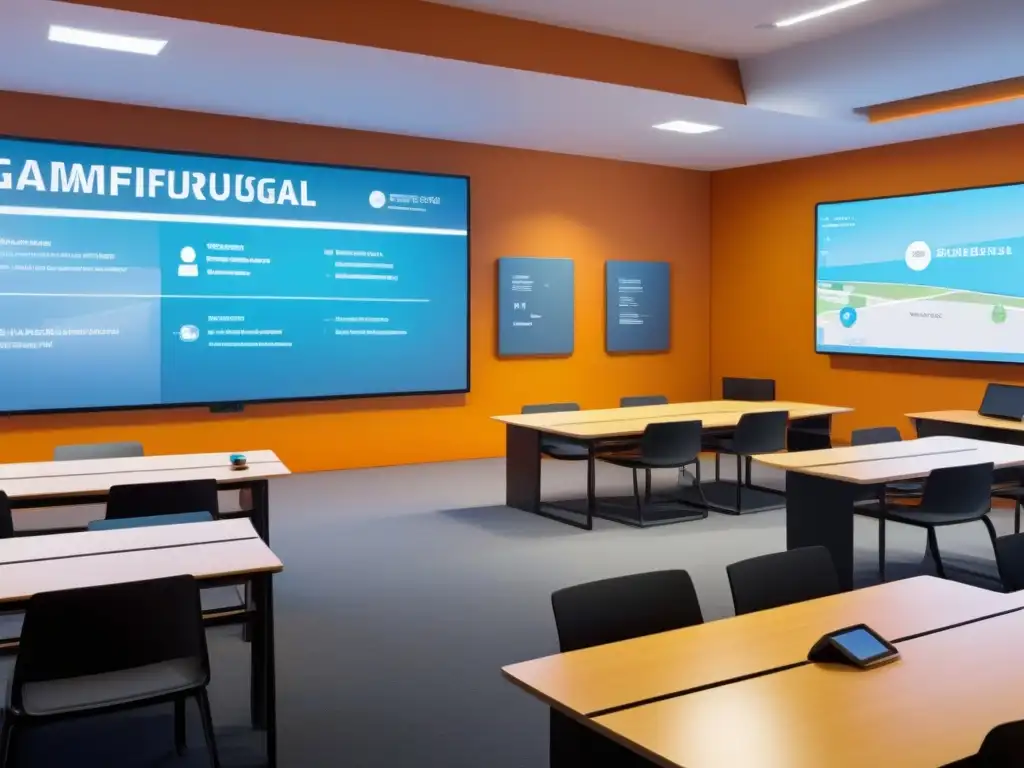 Escena futurista de aula en Uruguay con gamificación en evaluación educativa