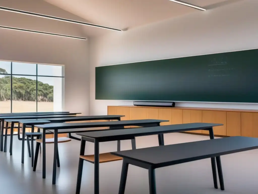 Escena futurista en un aula uruguaya, fusionando tradición y tecnología