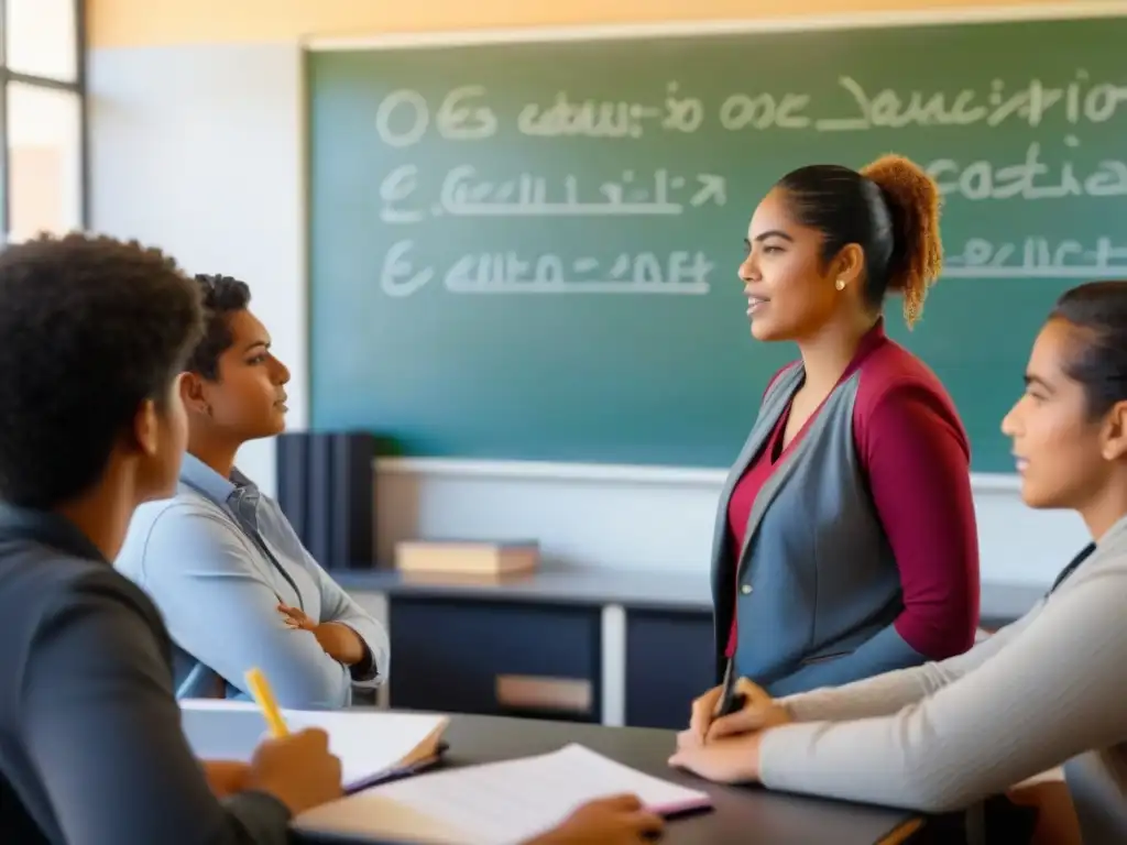 Una escena inspiradora de educación progresista en Uruguay: estudiantes atentos a una apasionada maestra en un aula moderna y luminosa