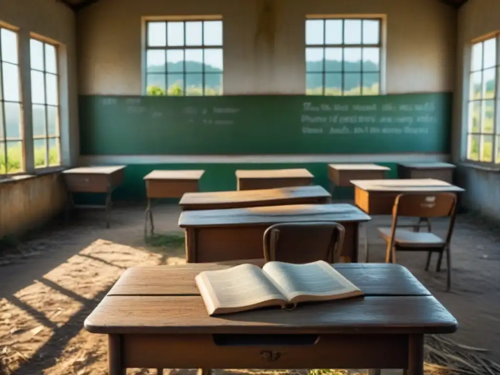 Escena melancólica de un pupitre solitario en aula rural abandonada en Uruguay