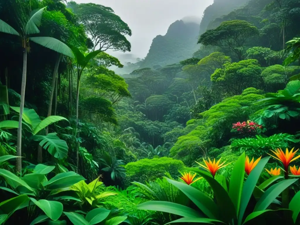 Escena misteriosa de la selva inspirada en las enseñanzas literatura Horacio Quiroga, con exuberante vegetación y sombras intrigantes