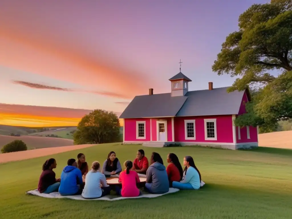 Una escena rural al atardecer con una escuela y estudiantes en círculo