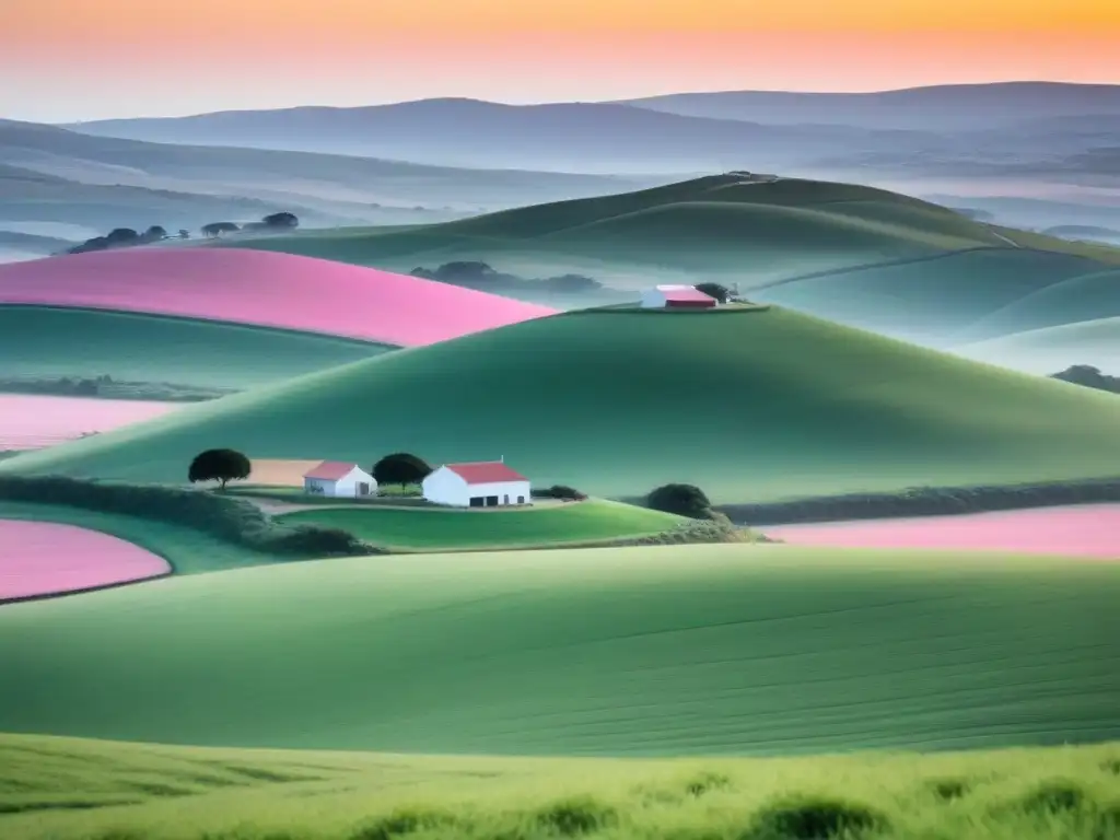 Escena rural en Uruguay al amanecer, con colinas, granjas y campos verdes