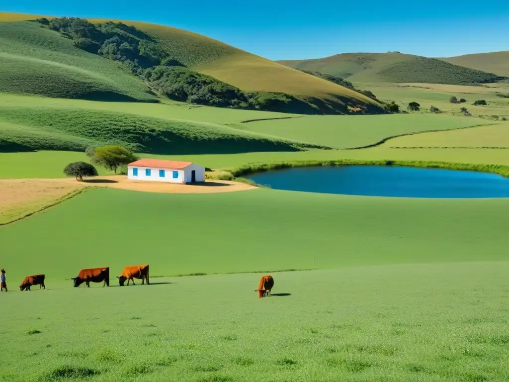 Escena rural en Uruguay: colinas verdes, ganado pastando, escuela con niños jugando afuera bajo cielo azul