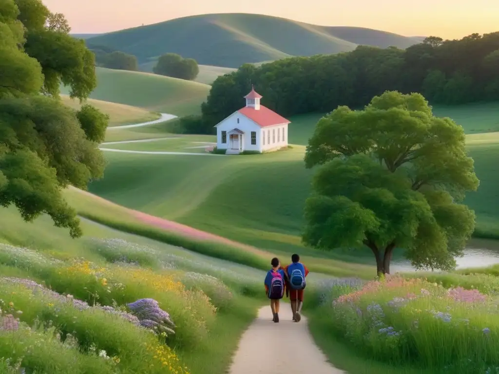 Escena rural al amanecer con escuela y alumnos