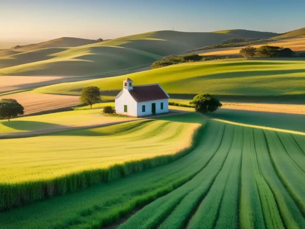 Escena rural serena al amanecer en Uruguay con una escuela tradicional rodeada de campos verdes y colinas, reflejando la educación rural en Uruguay