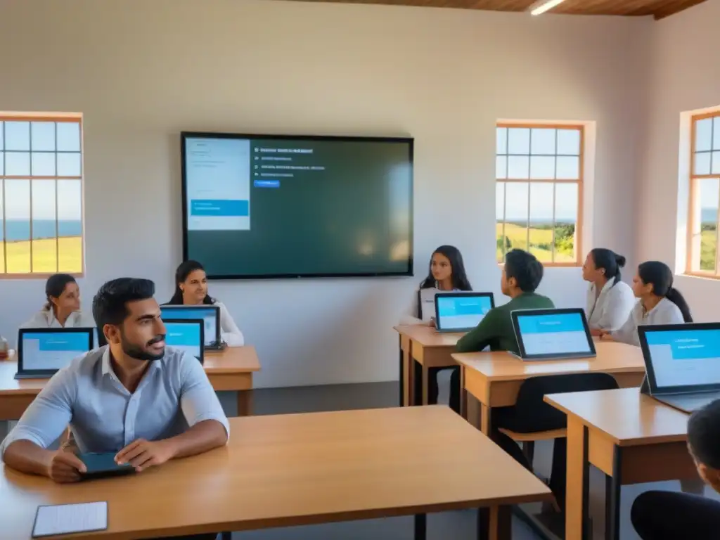 Una escena rural uruguaya con tecnología educativa avanzada y diversidad de estudiantes