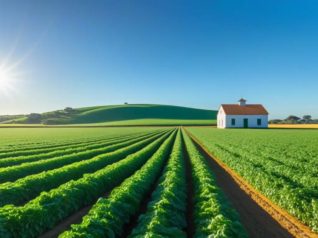 Escena rural en Uruguay: campo verde, escuela rural, cultivos y vacas