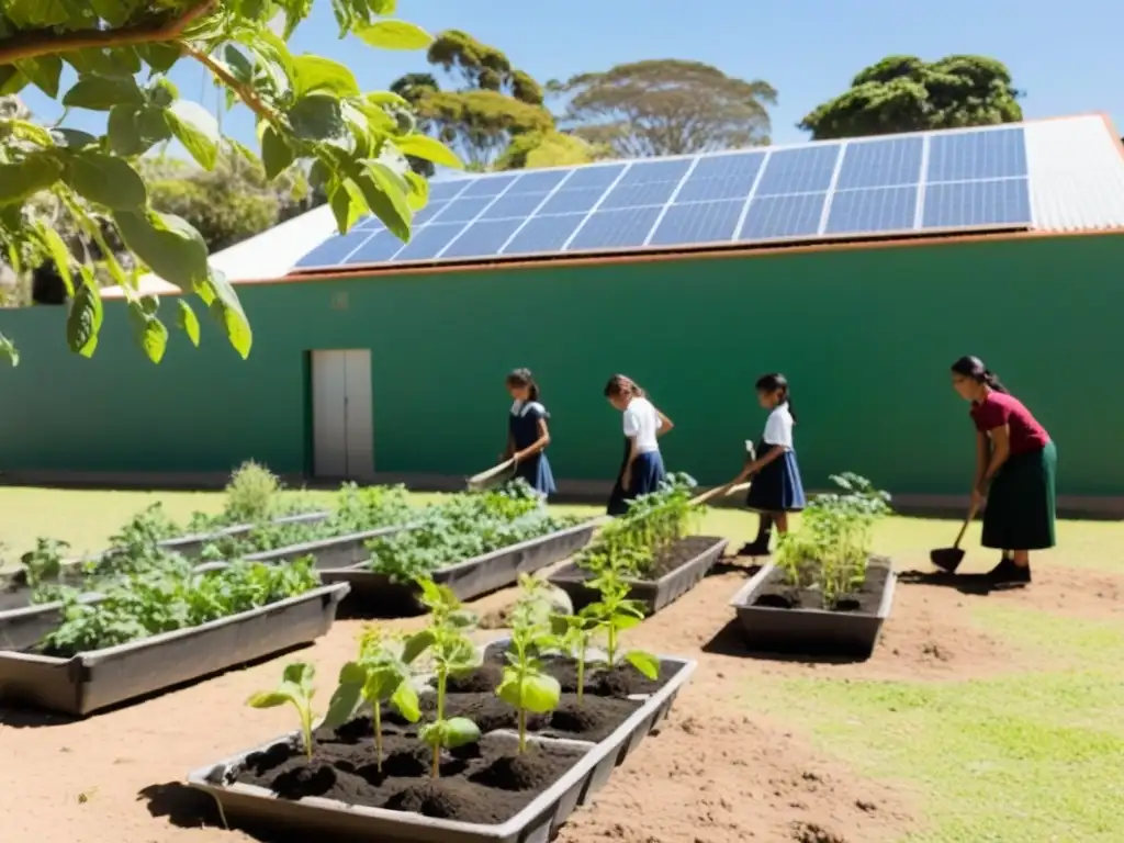 Una escena serena y armoniosa en un jardín escolar verde en Uruguay, donde estudiantes y maestros cultivan juntos