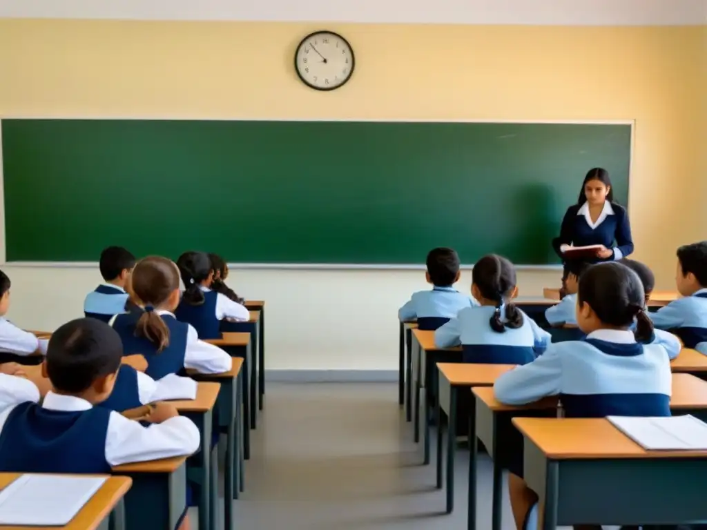 Escena serena en aula uruguaya, con alumnos diversos concentrados en aprender y una observación directa discreta