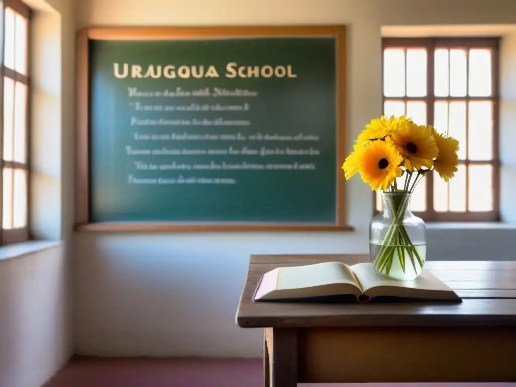 Escena serena de aula uruguaya con elementos poéticos, sensibilidad educativa