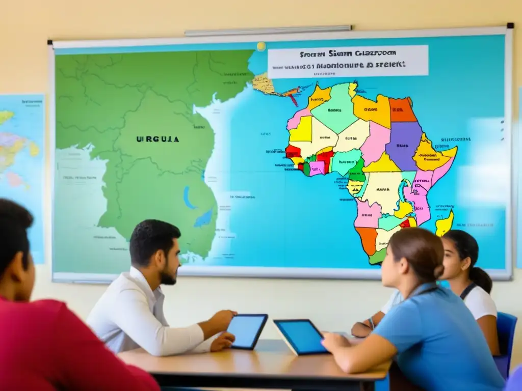 Escena serena de aula en Uruguay con estudiantes colaborando en actividades educativas, maestra en observación directa