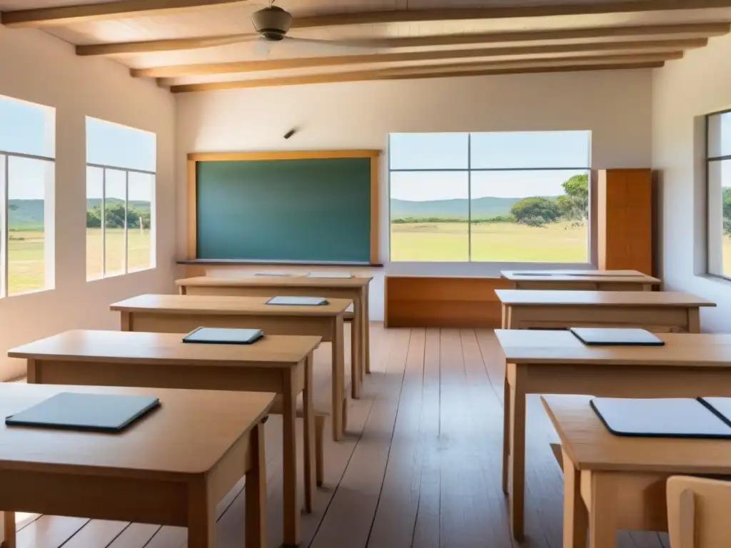 Escena serena de aula rural en Uruguay con enseñanza innovadora