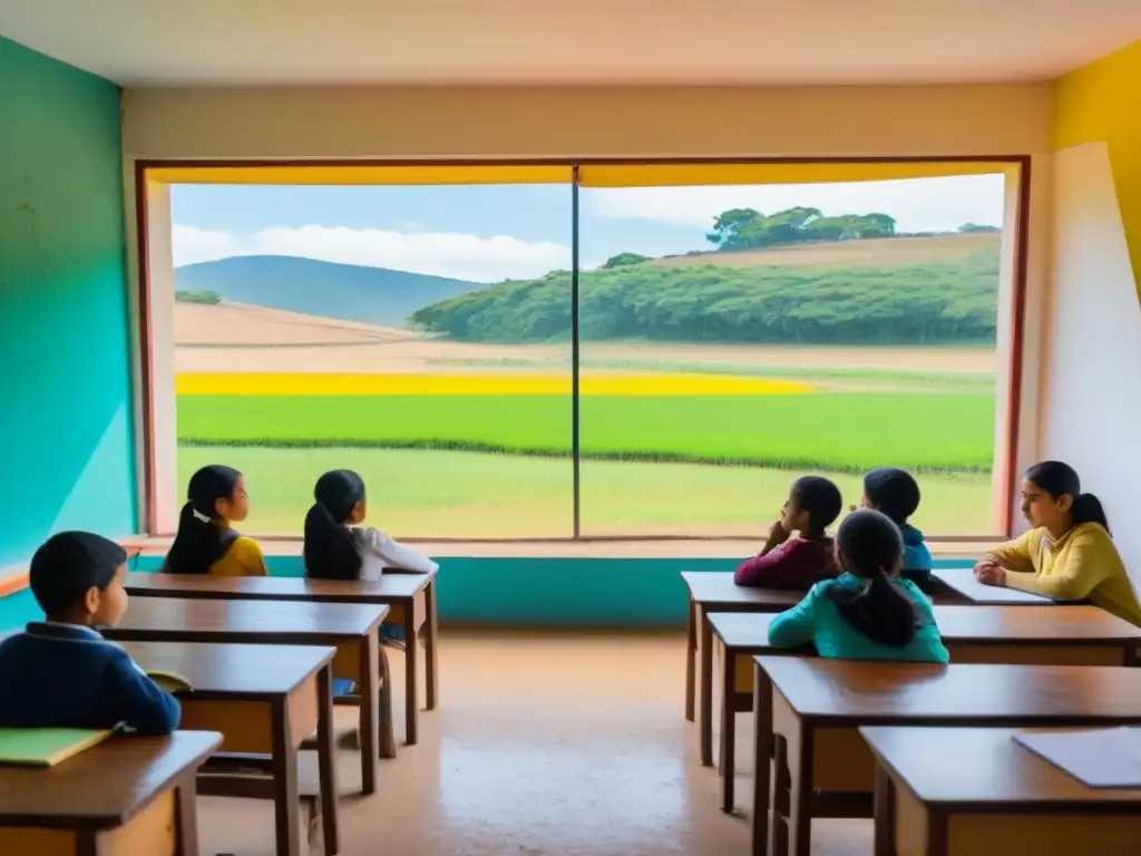 Una escena serena de aula rural en Uruguay con educación bilingüe, resaltando armonía y diversidad estudiantil