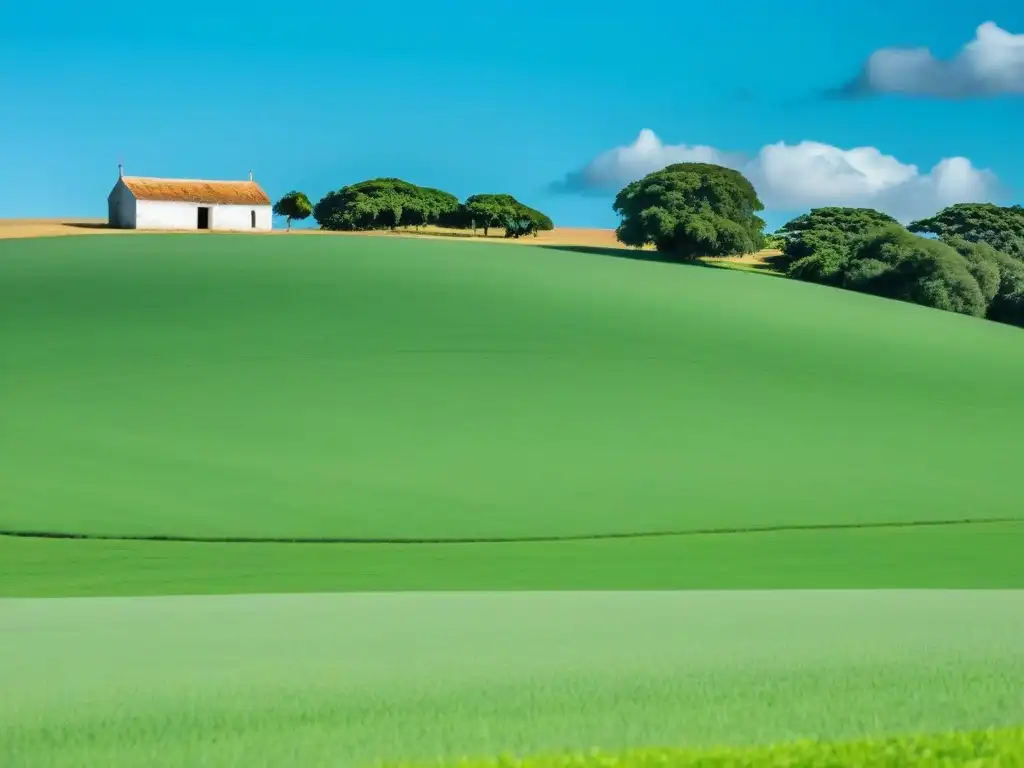 Escena serena de campo en Uruguay con campos verdes, cielo azul y casa tradicional al fondo