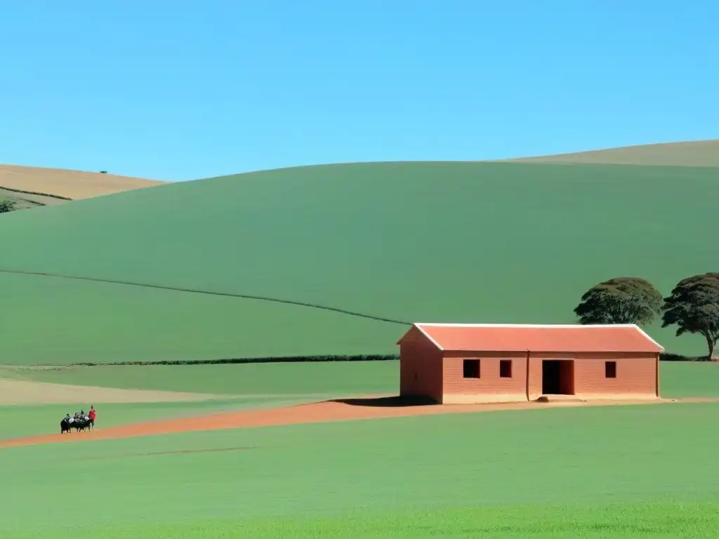 Escuela rural en Uruguay: educación y tranquilidad Escena serena en el campo uruguayo: escuela rural, niños jugando, maestra atenta