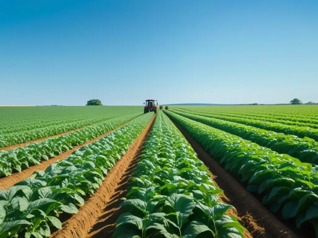 Escena serena de un campo verde con agricultores en Uruguay cuidando las plantas con destreza y amor, mostrando la educación agrícola en Uruguay