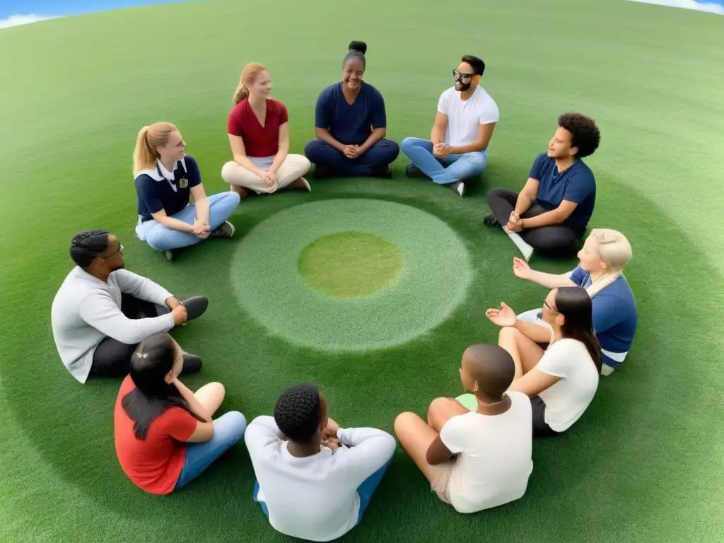 Una escena serena y diversa de estudiantes y profesor en círculo en un campo, representando la inclusión y la unidad en la educación