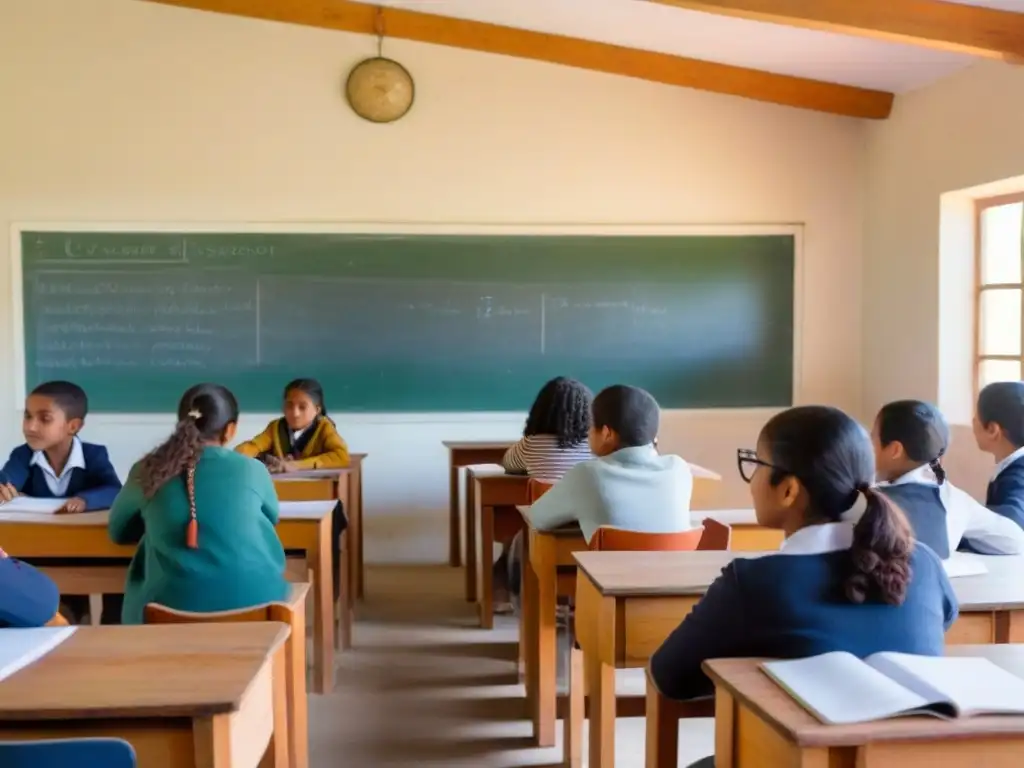 Una escena serena de formación docente en educación rural en Uruguay, con estudiantes diversos y profesor dedicado