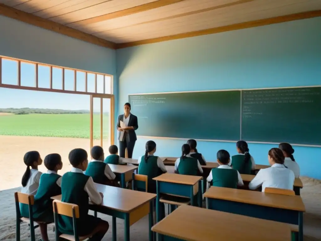 Una escena serena de formación docente en educación rural en Uruguay, con estudiantes diversos en clase, rodeados de naturaleza