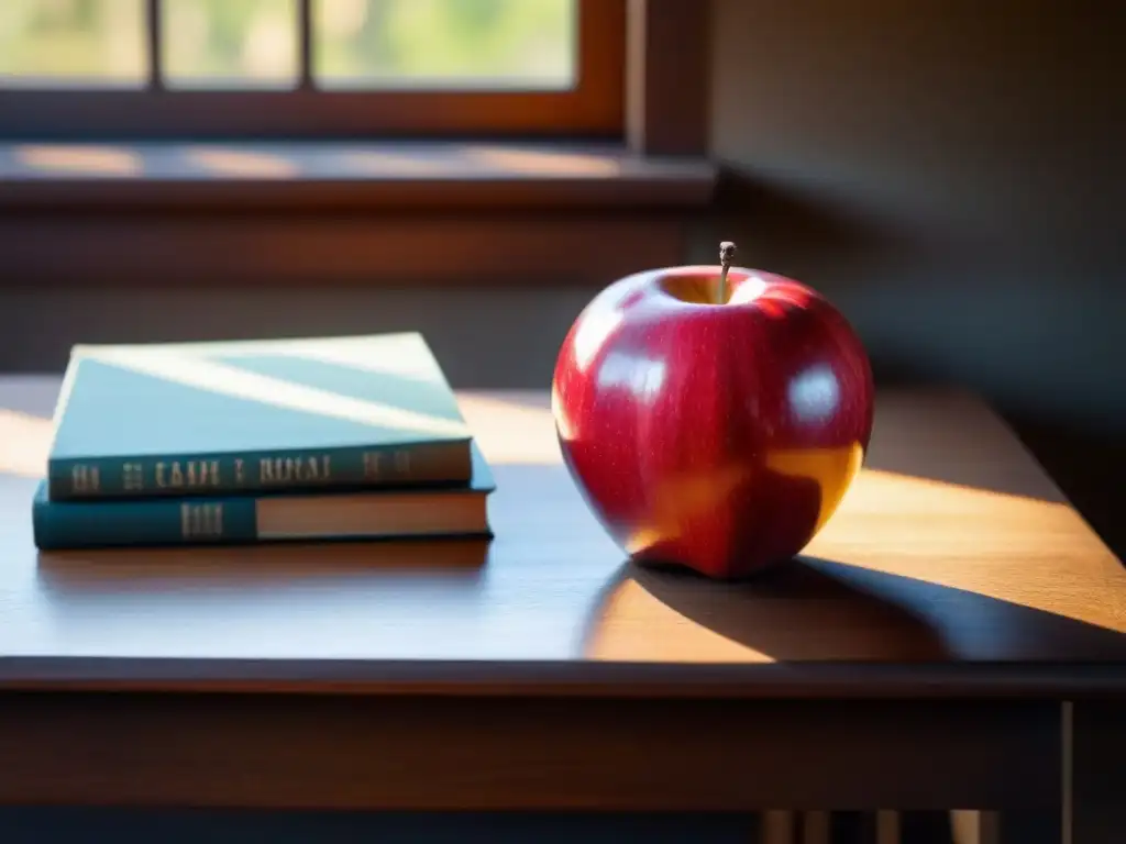 Escena serena de un escritorio rústico con libros, globo y manzana roja