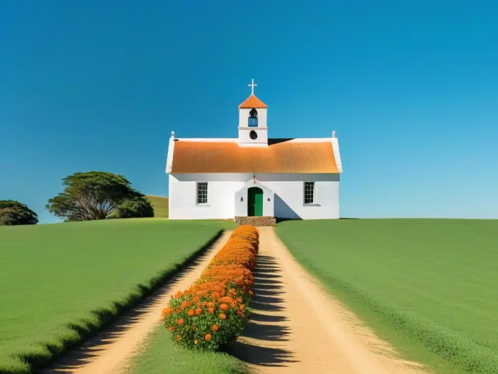 Escena serena de una escuela rural en Uruguay, rodeada de campos verdes bajo cielo azul