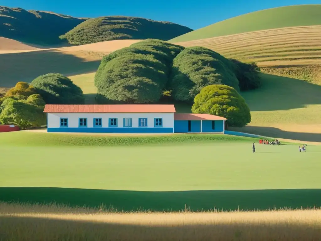 Escuela rural en Uruguay: Serenidad y aprendizaje al aire libre Escena serena de una escuela rural entre verdes colinas, transmitiendo calma y belleza en la educación rural en Uruguay futura