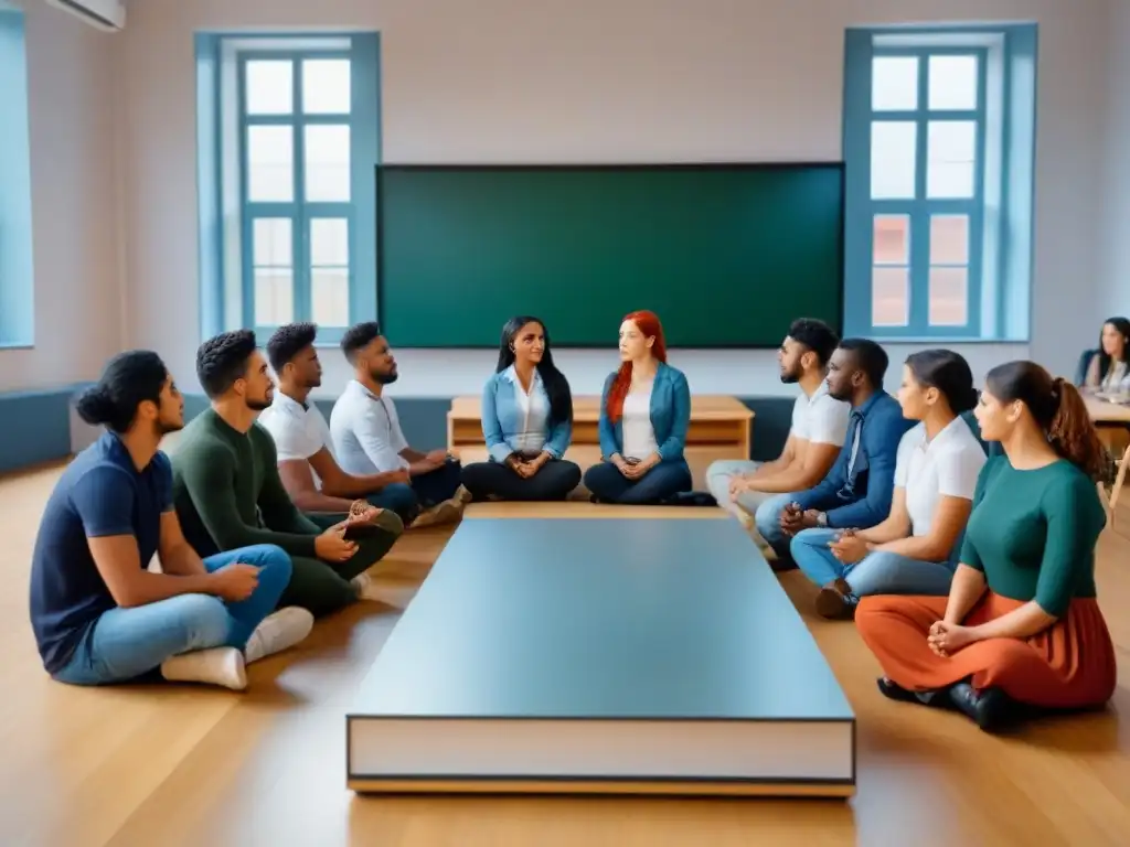 Una escena serena de estudiantes diversos en una clase moderna, interactuando con redes sociales y apps de idiomas en Uruguay