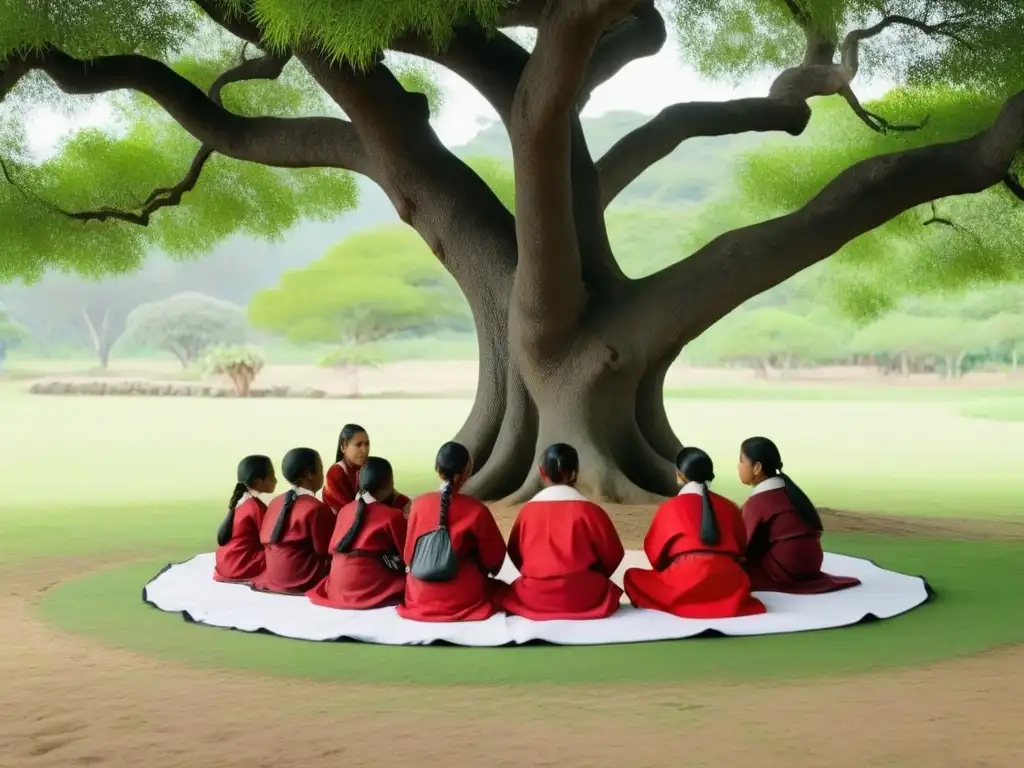 Una escena serena de estudiantes indígenas de Uruguay, en una sesión de educación bilingüe bajo un árbol, reflejando unidad y riqueza cultural