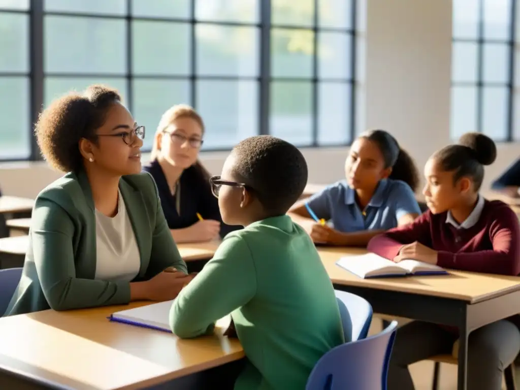 Una escena serena de estudiantes uruguayos en clase, aprendiendo y colaborando con su profesor